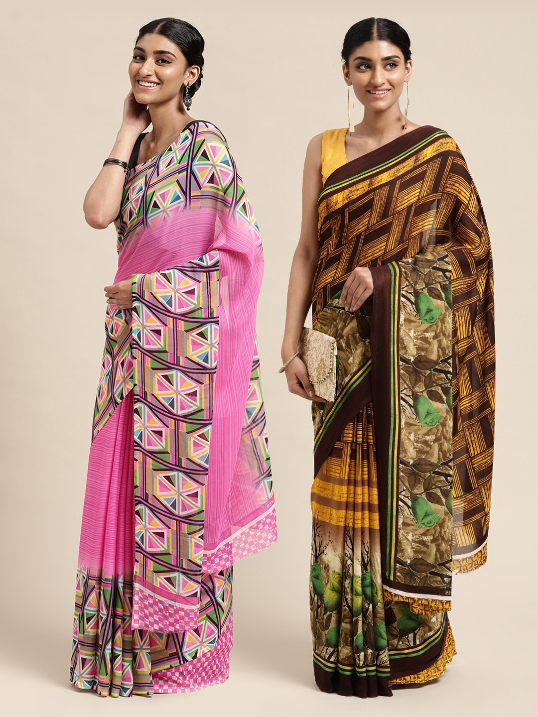 

KALINI Pack of 2 Printed Poly Georgette Sarees, Pink