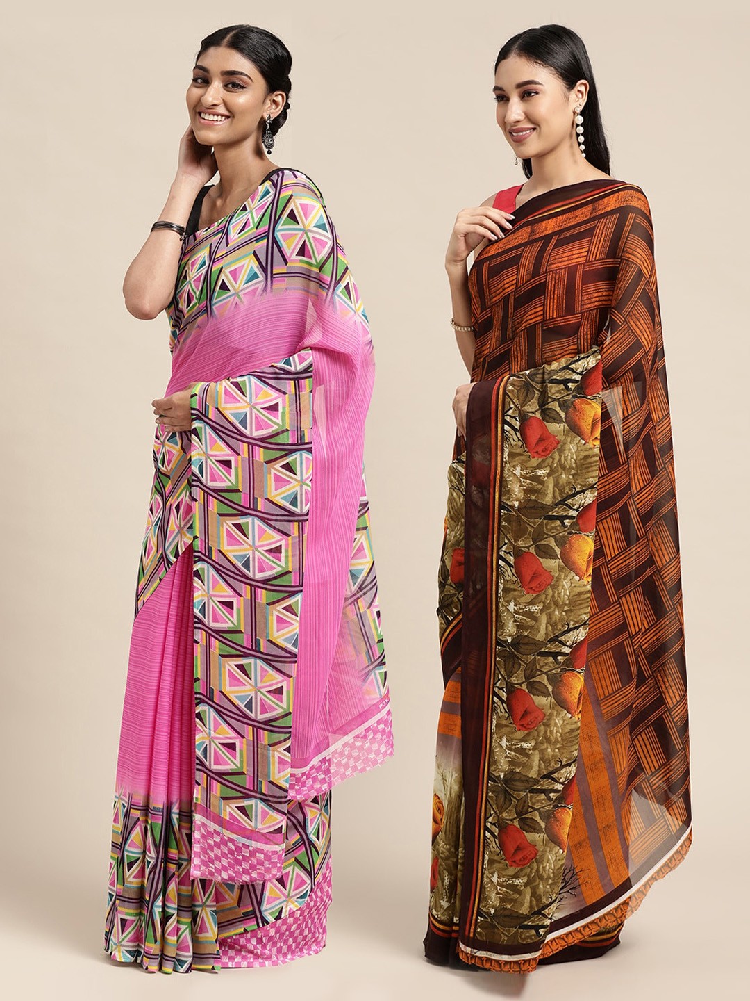 

KALINI Pack Of 2 Pink & Orange Geometric Saree