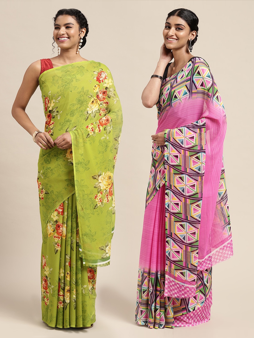 

KALINI Pack of 2 Floral Printed Saree, Lime green