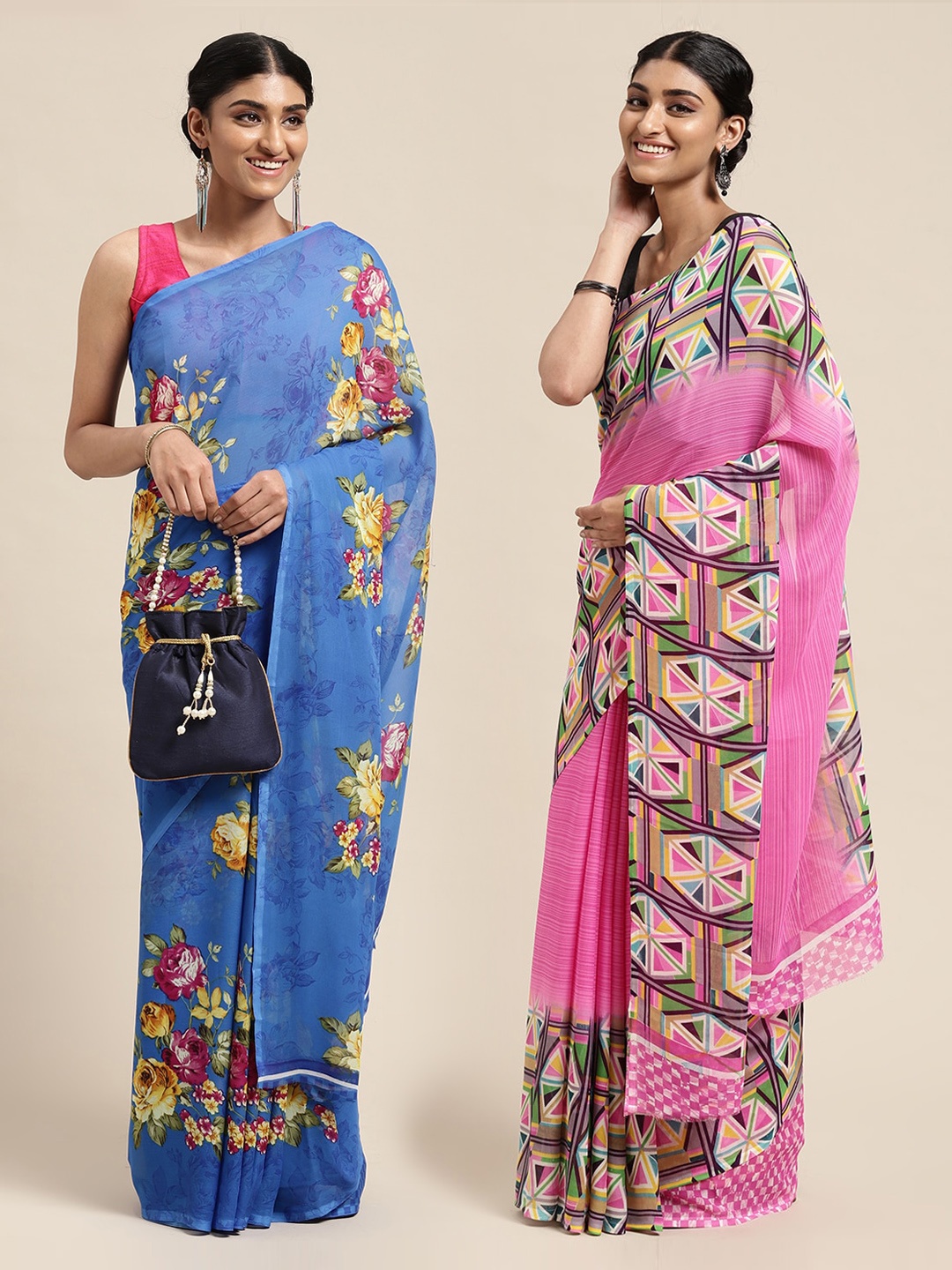 

KALINI Pack of 2 Printed Poly Georgette Sarees, Blue