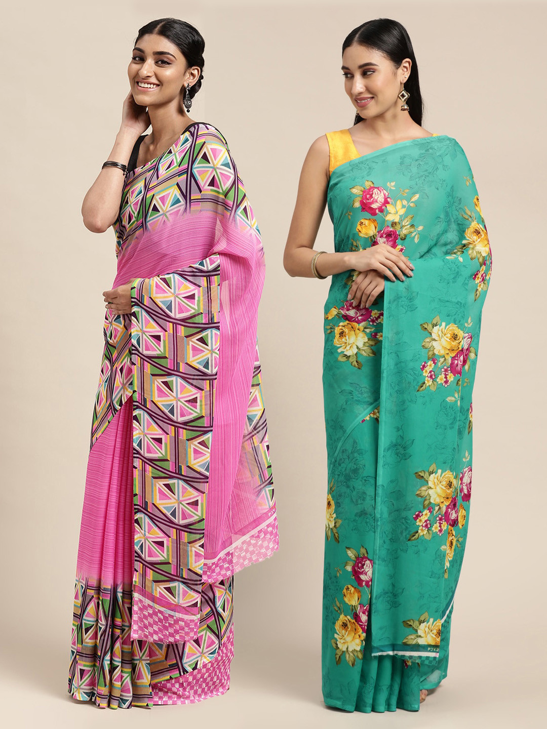 

KALINI Pack of 2 Floral Printed Saree, Sea green