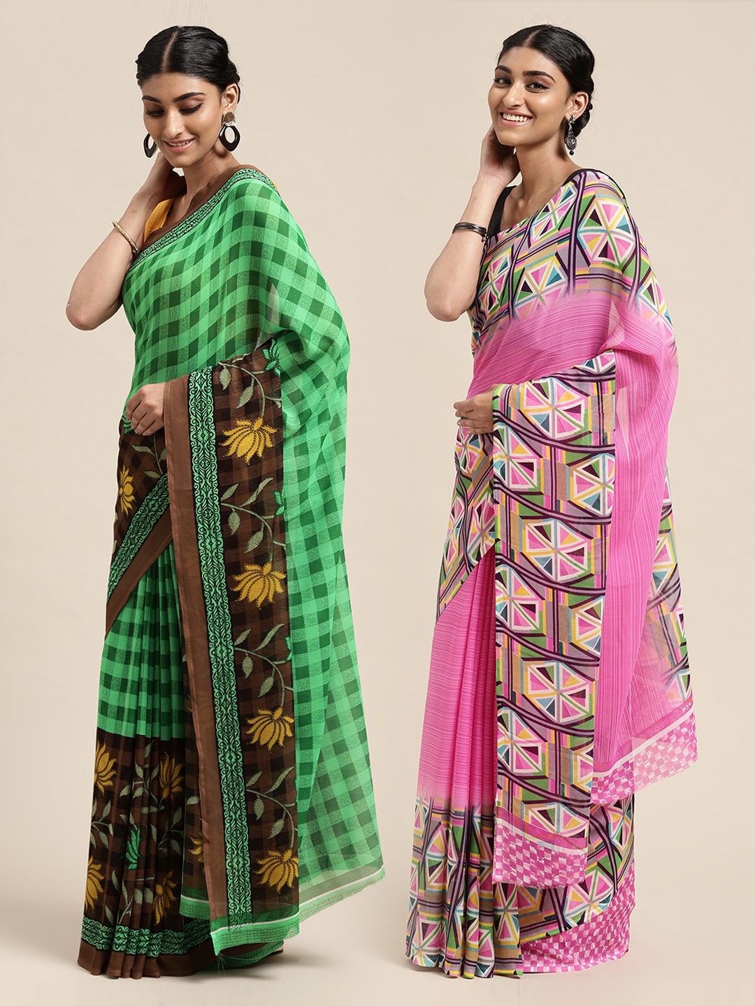 

KALINI Pack Of 2 Pink & Green Geometric Saree
