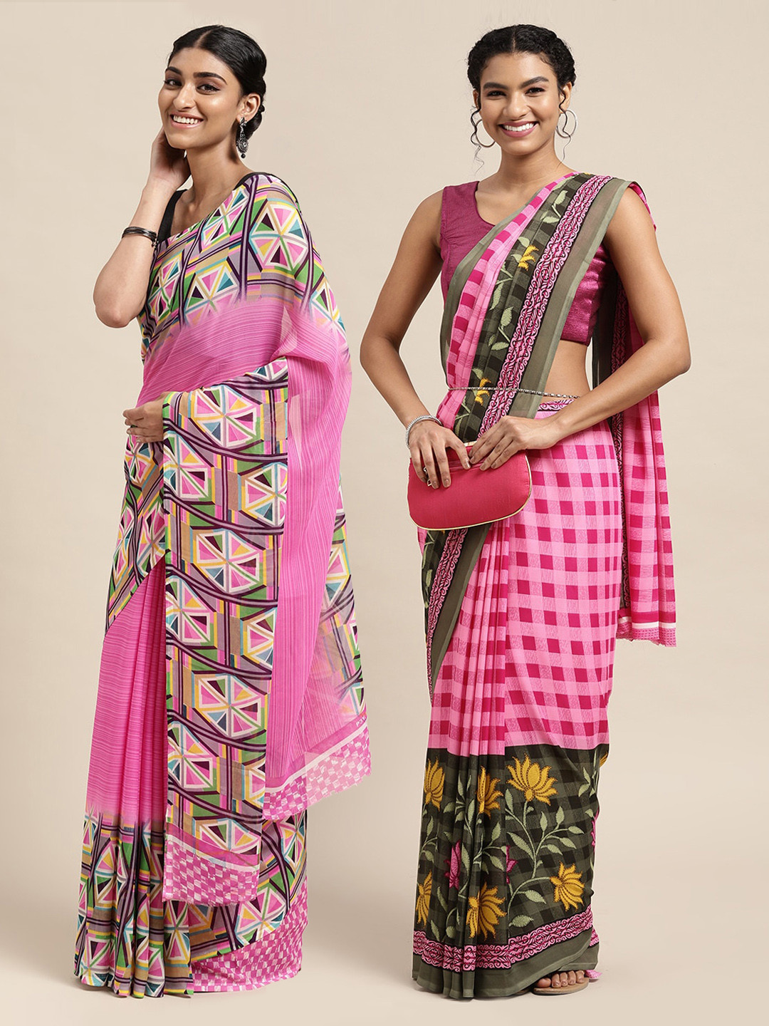 

KALINI Pack of 2 Printed Saree, Pink