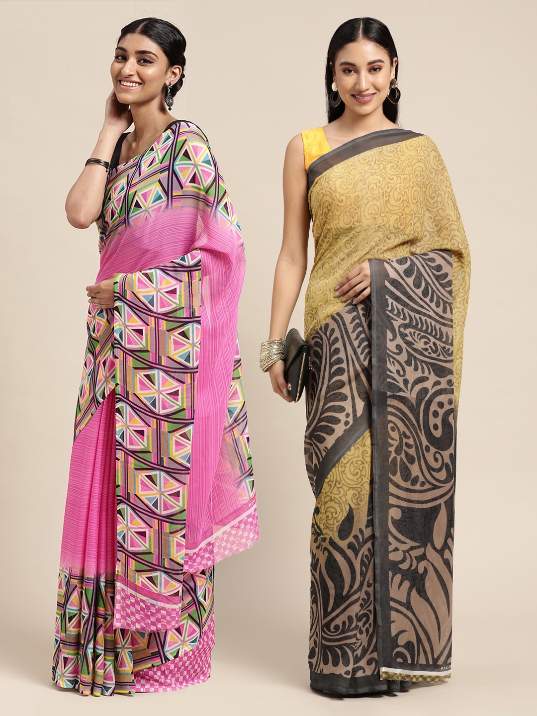 

KALINI Pack Of 2 Yellow & Grey Paisley Print Saree