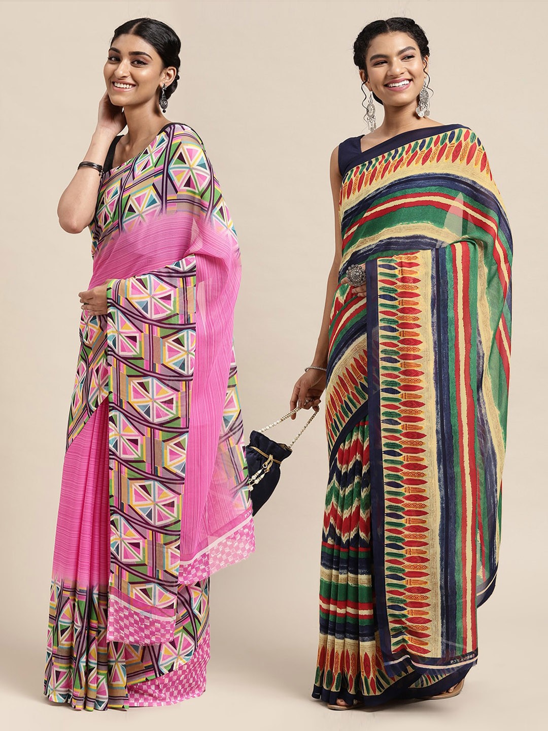 

KALINI Pack of 2 Printed Poly Georgette Sarees, Pink