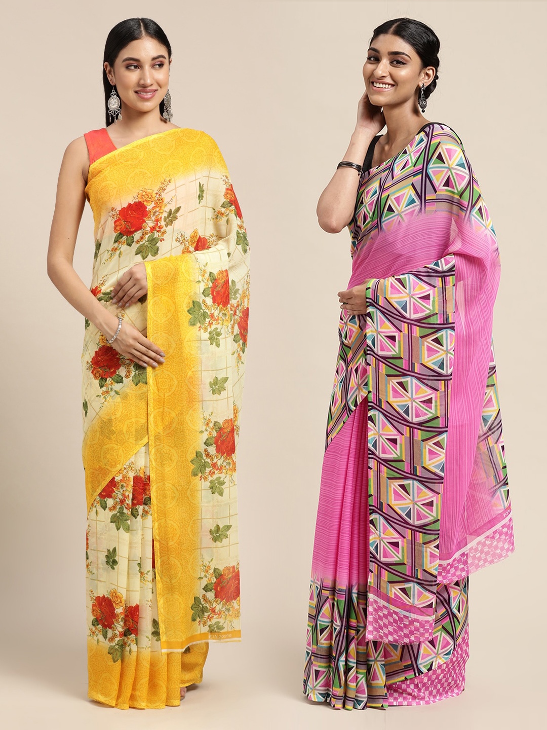 

KALINI Pack Of 2 Beige & Pink Floral Print Saree
