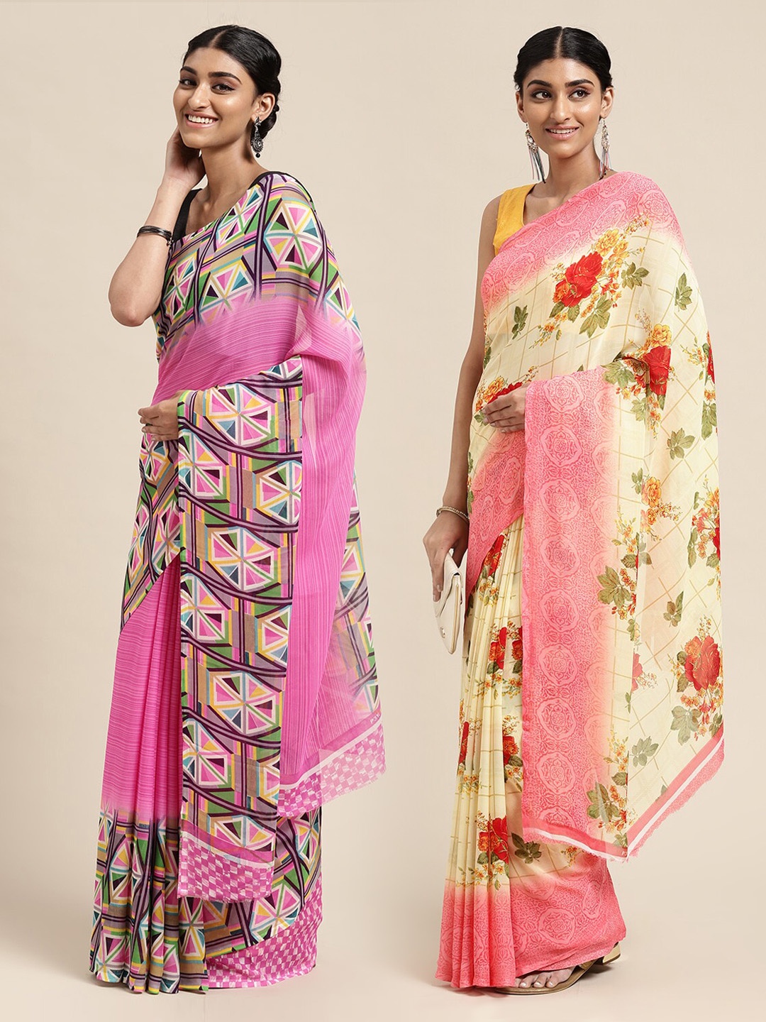 

KALINI Women Pack Of 2 Printed Sarees, Beige