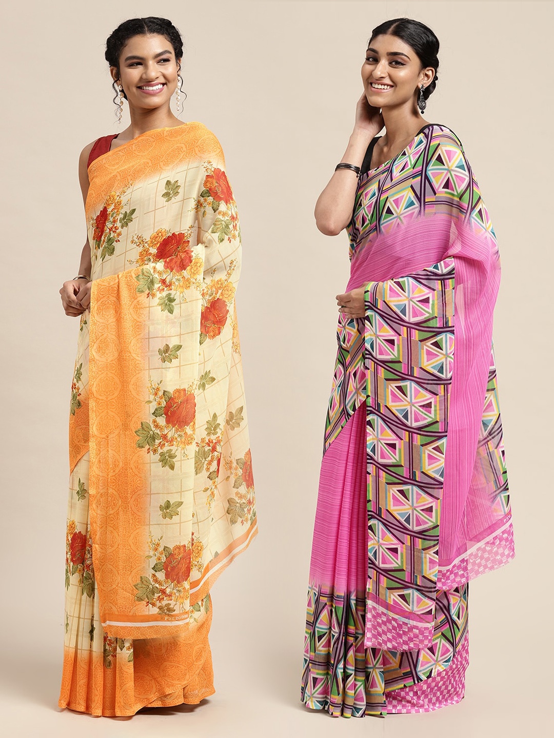 

KALINI Pack of 2 Printed Poly Georgette Sarees, Cream