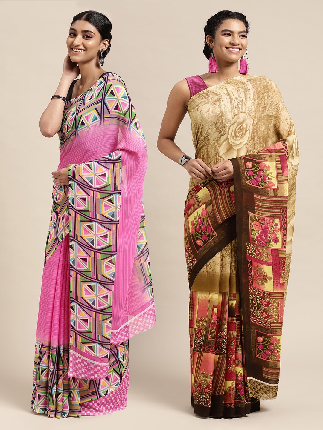 

KALINI Pack Of 2 Beige & Coffee Brown Floral Saree