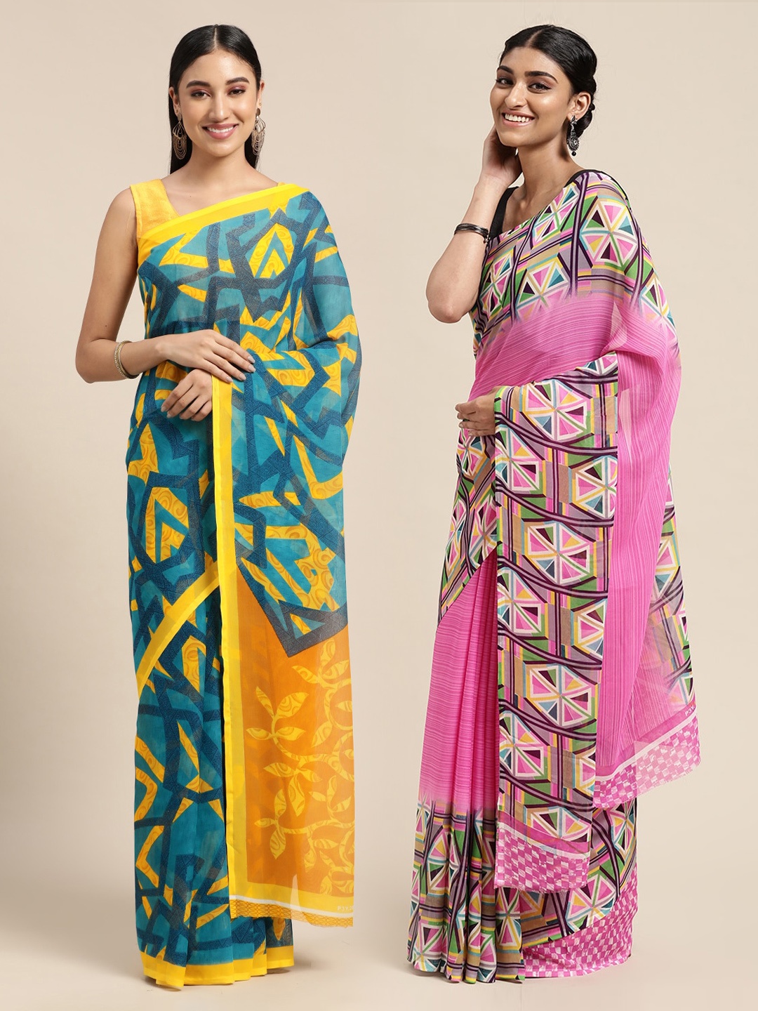 

KALINI Pack of 2 Printed Poly Georgette Sarees, Pink