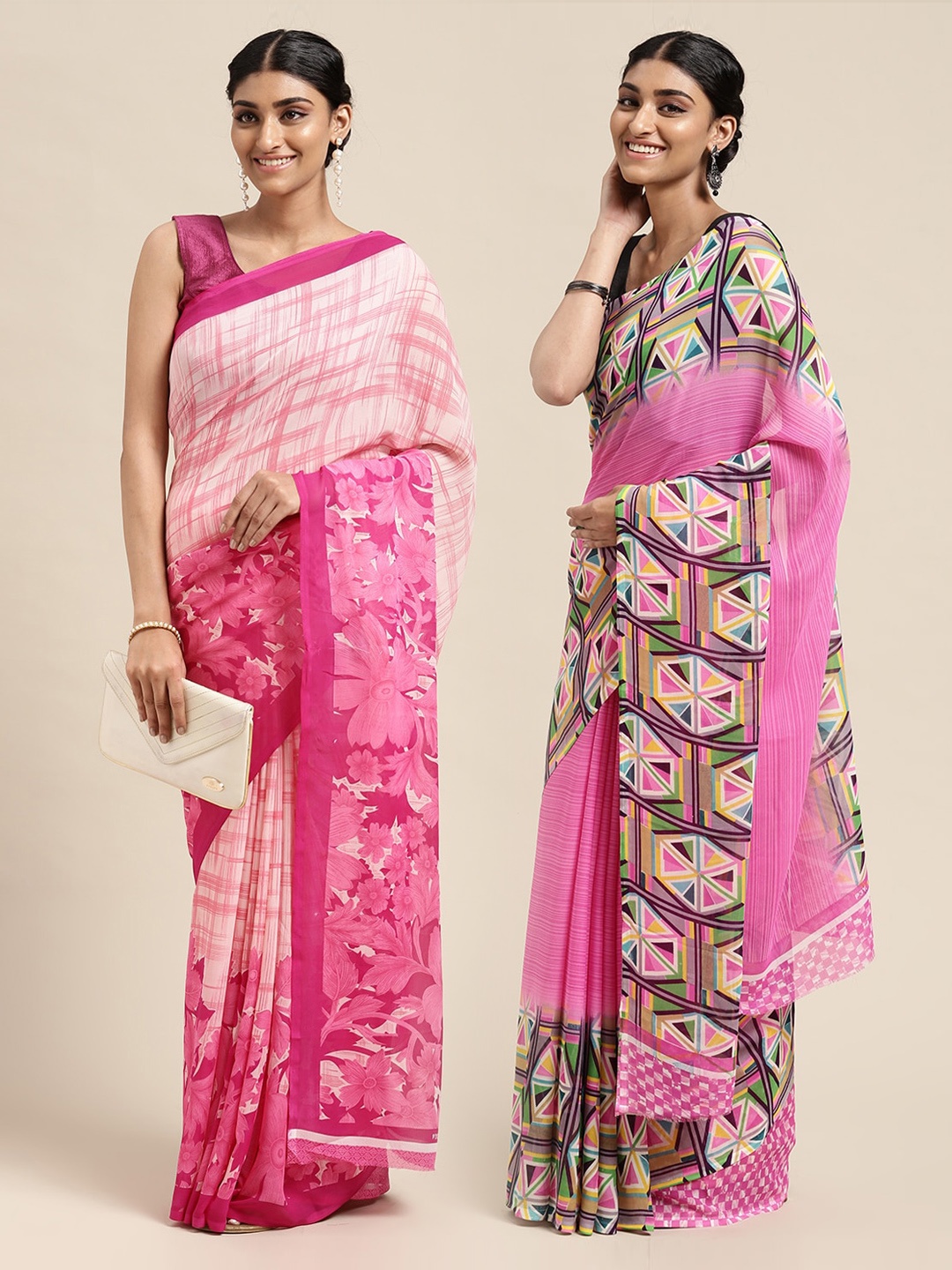 

KALINI Pack of 2 Floral Printed Saree, Pink
