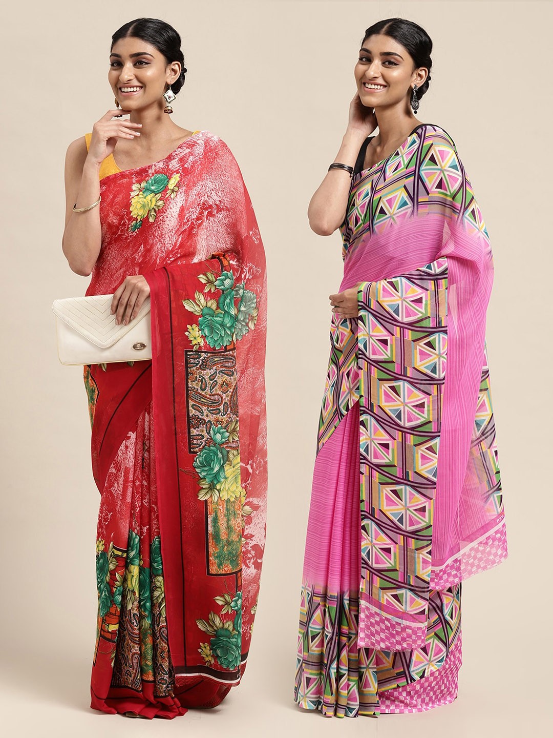 

KALINI Pack Of 2 Pink & Red Geometric Saree