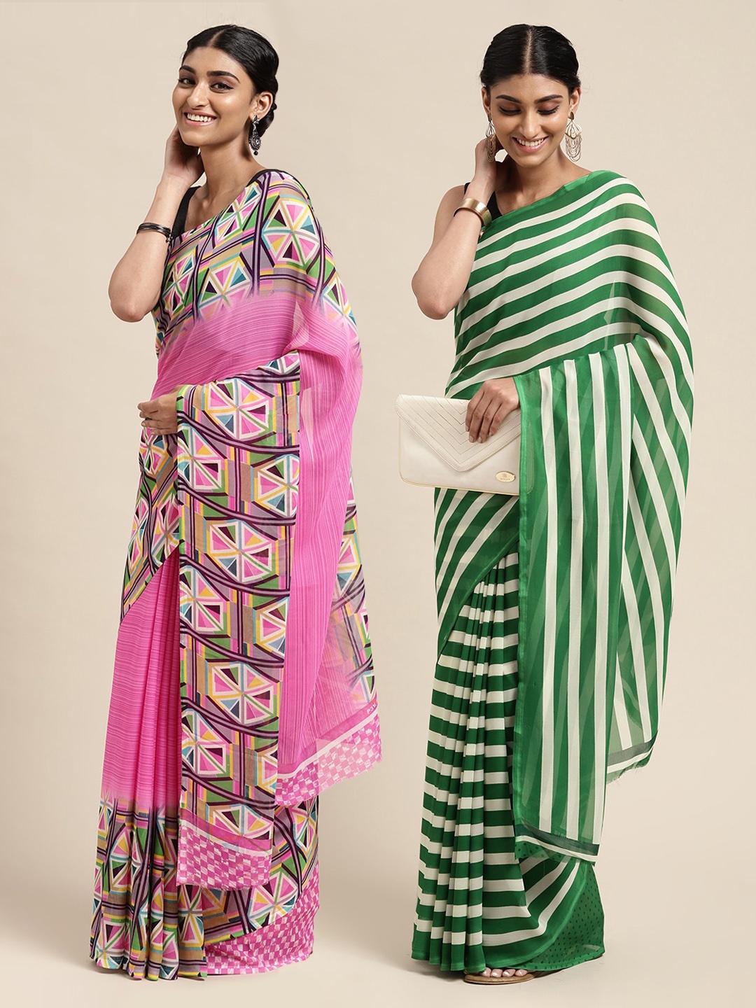 

KALINI Pack of 2 Printed Poly Georgette Sarees, Green