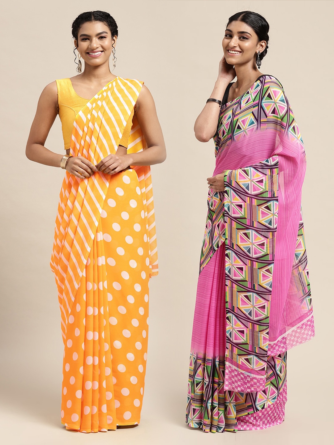 

KALINI Pack Of 2 Yellow & White Polka Dots Print Saree