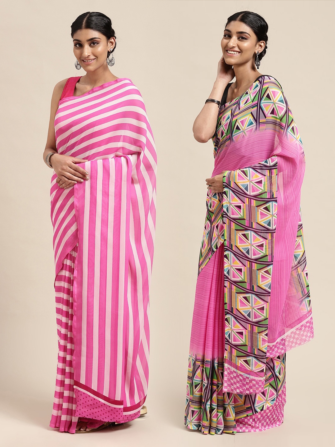 

KALINI Pack of 2 Printed Poly Georgette Sarees, Pink