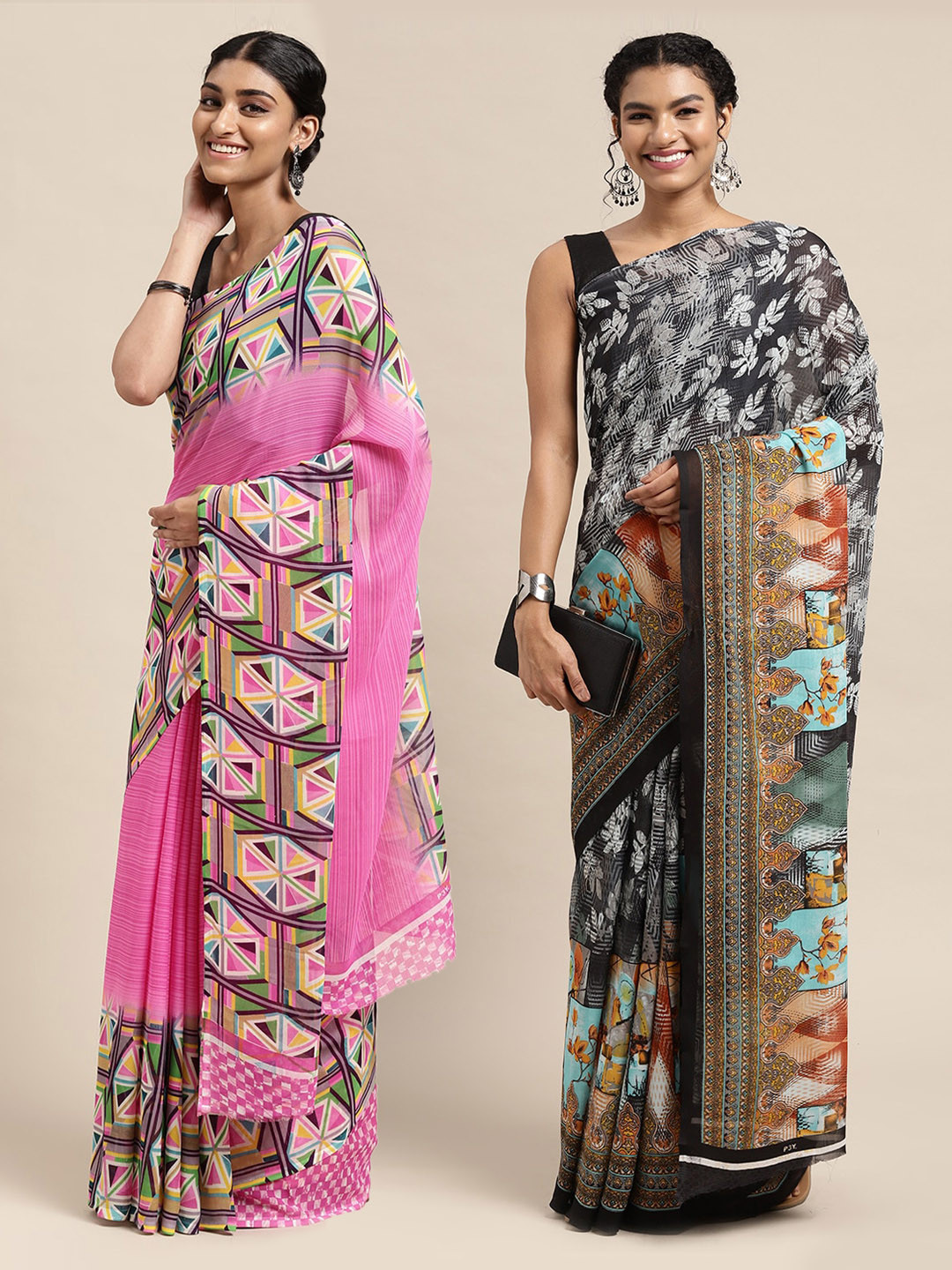 

KALINI Pack of 2 Geometric Printed Saree, Black