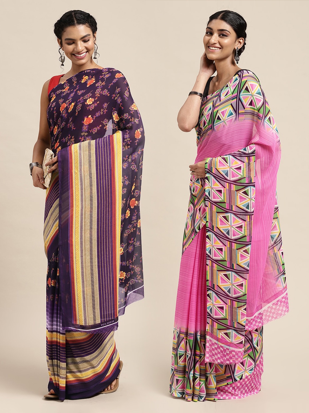 

KALINI Pack Of 2 Purple & Yellow Floral Saree