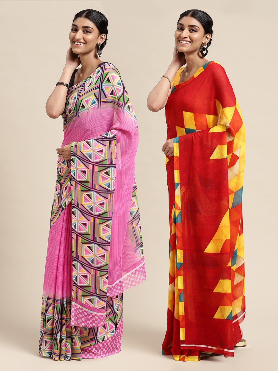 

KALINI Pack of 2 Printed Poly Georgette Sarees, Red