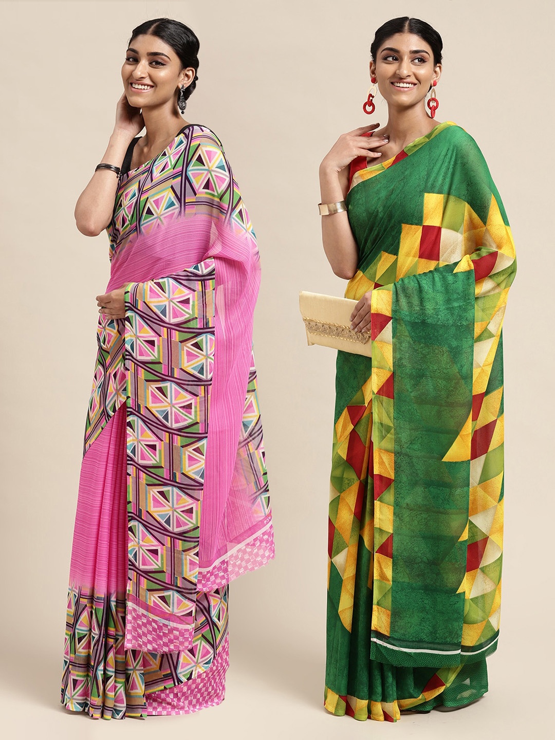 

KALINI Pack of 2 Geometric Printed Saree, Green