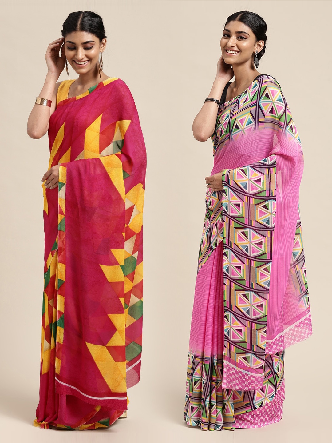 

KALINI Pack Of 2 Pink & Yellow Geometric Saree