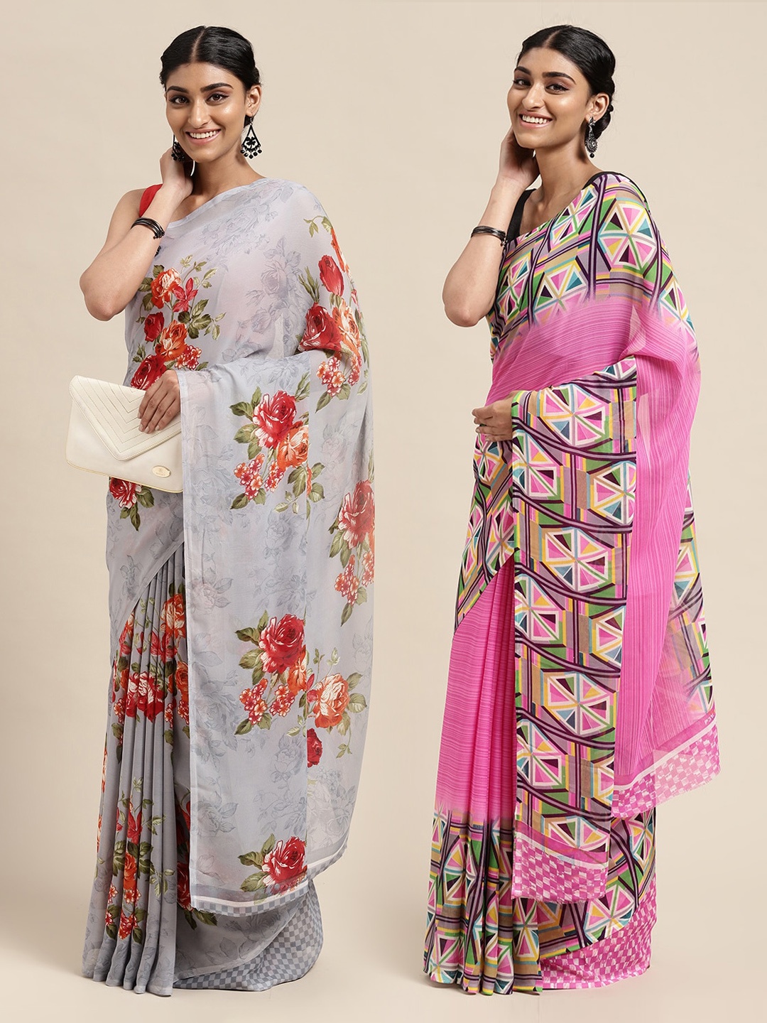 

KALINI Pack of 2 Printed Poly Georgette Sarees, Grey