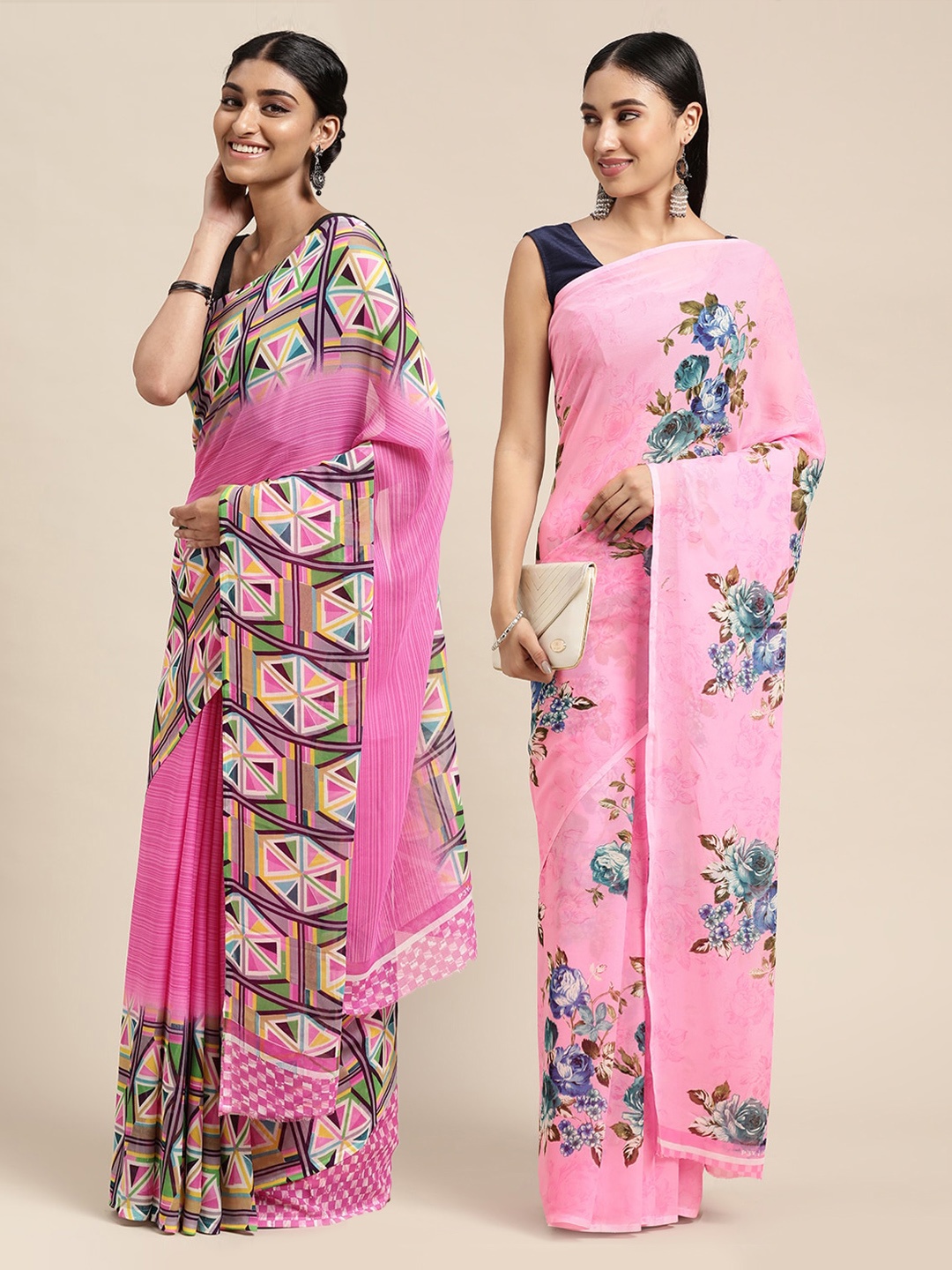 

KALINI Pack of 2 Geometric Printed Saree, Pink