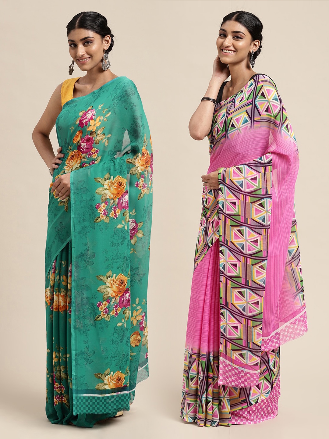 

KALINI Pack Of 2 Pink & Sea Green Geometric Saree