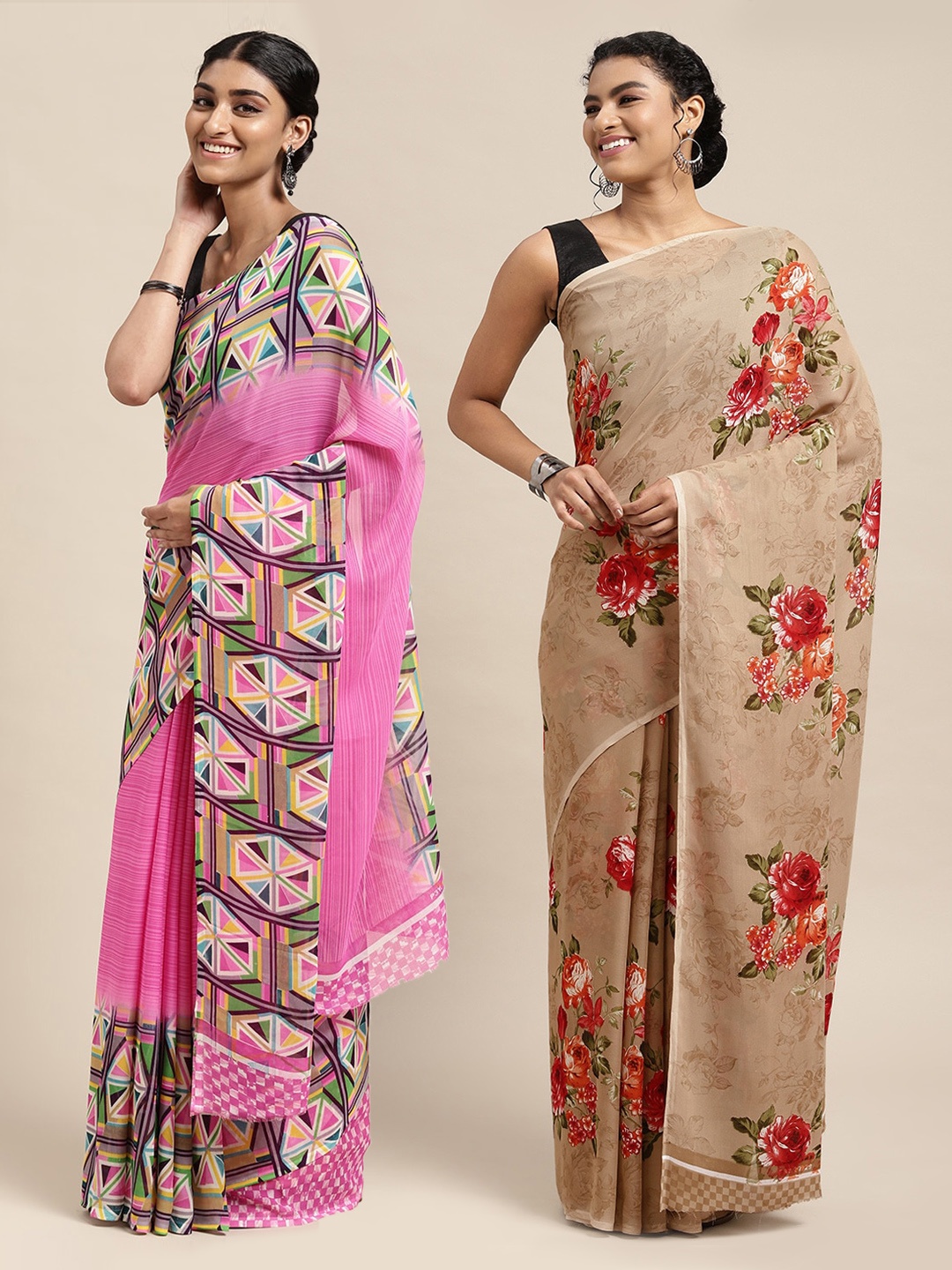 

KALINI Women Pack Of 2 Printed Sarees, Beige