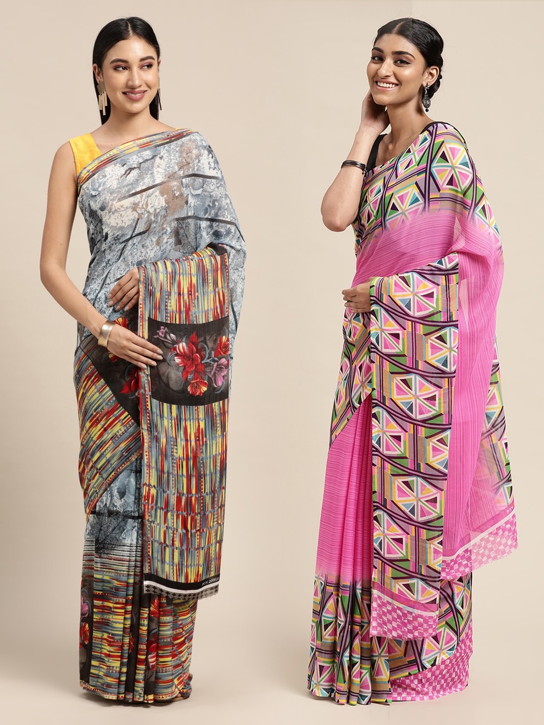 

KALINI Pack Of 2 Grey & Red Abstract Print Saree