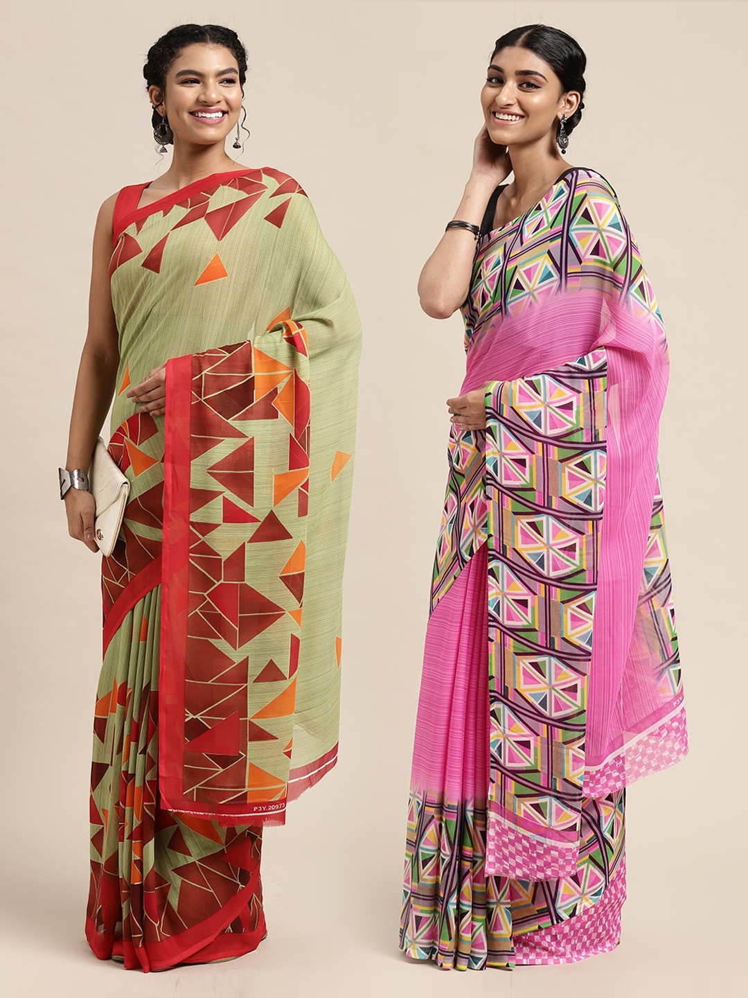 

KALINI Pack of 2 Printed Poly Georgette Sarees, Green