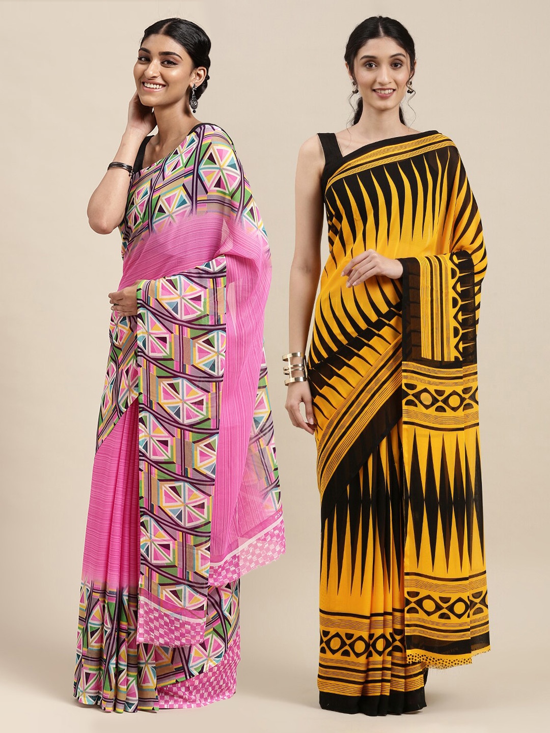 

KALINI Pack of 2 Geometric Printed Saree, Mustard