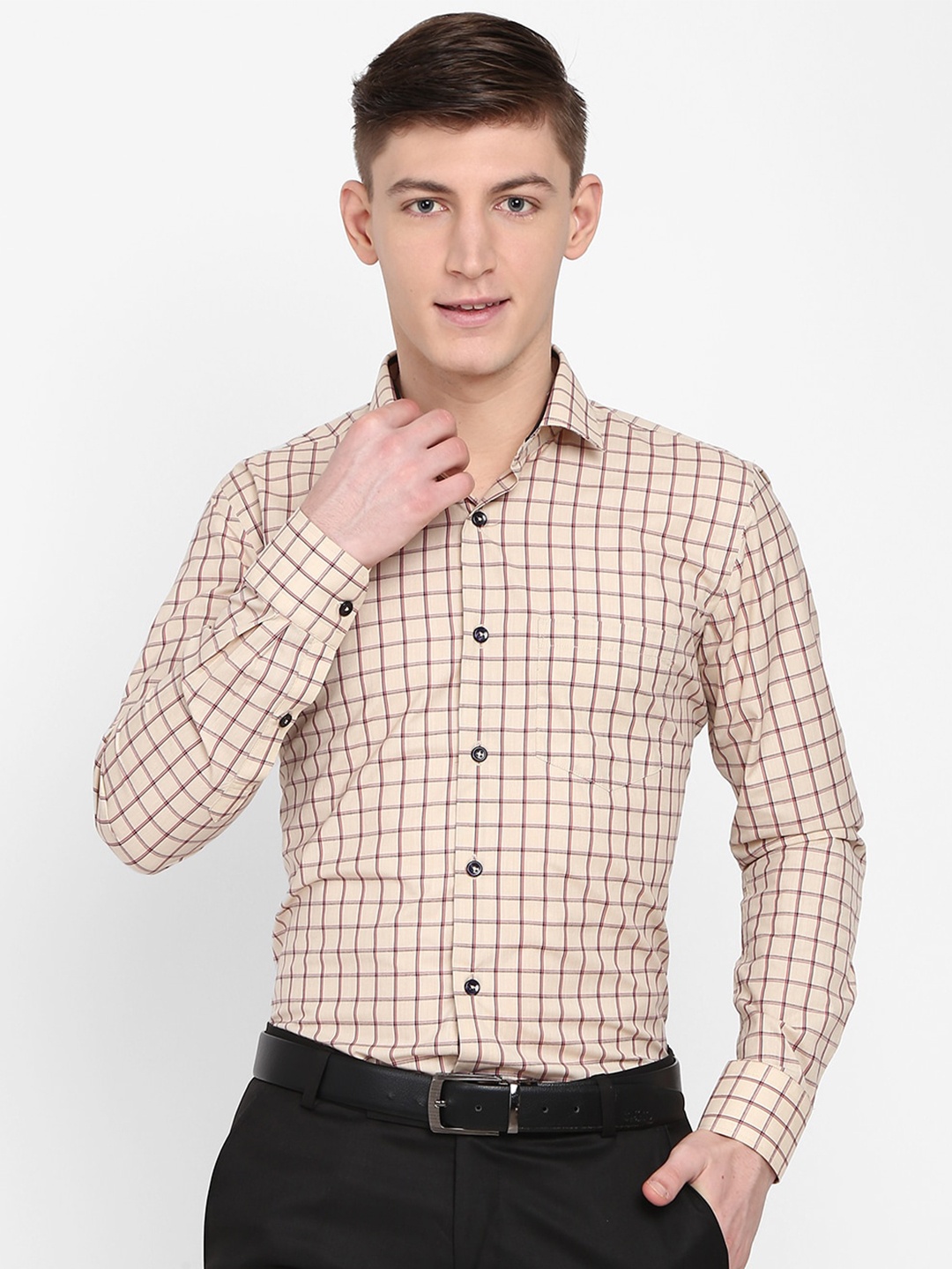 

J White by Vmart Men Beige Standard Grid Tattersall Cotton Checked Formal Shirt