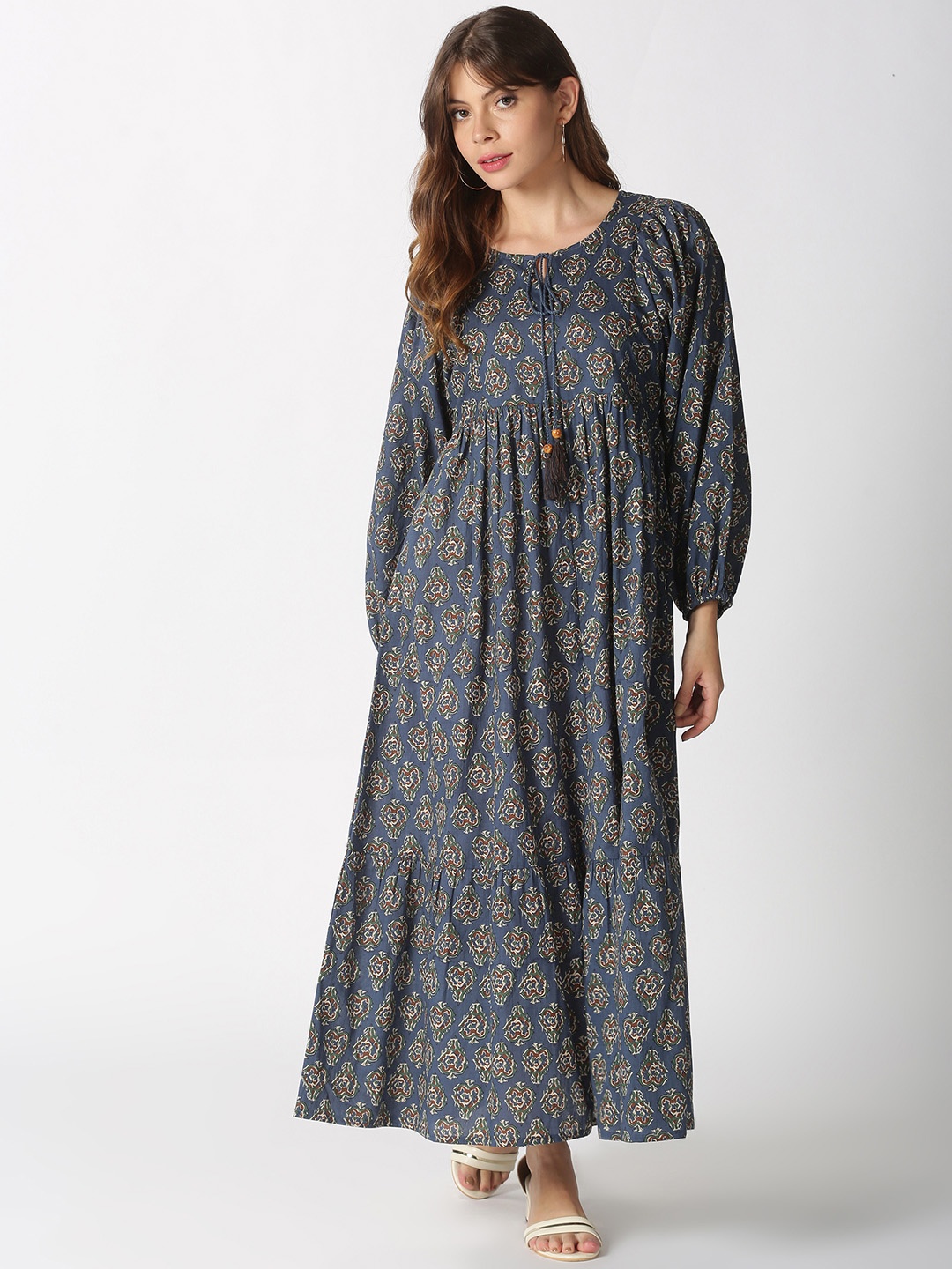 

Saffron Threads Women Blue Ethnic Motifs Printed Tiered Maxi Dress with Tie-up Neck