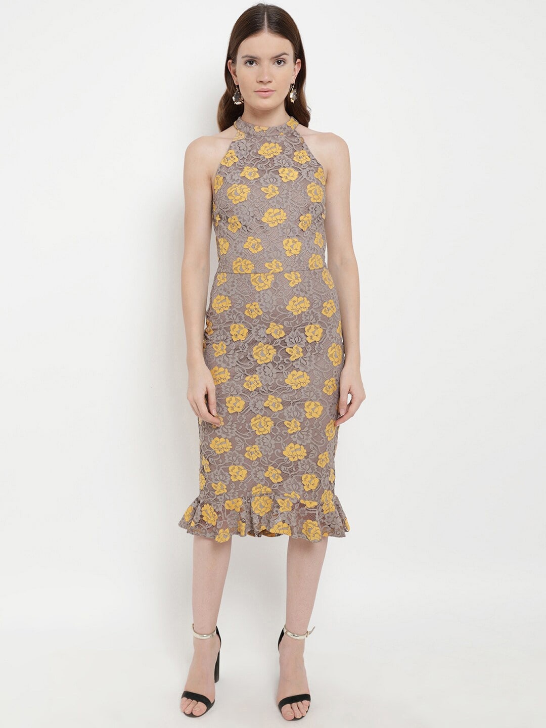 

Kazo Women Grey & Yellow Floral Sheath Midi Dress