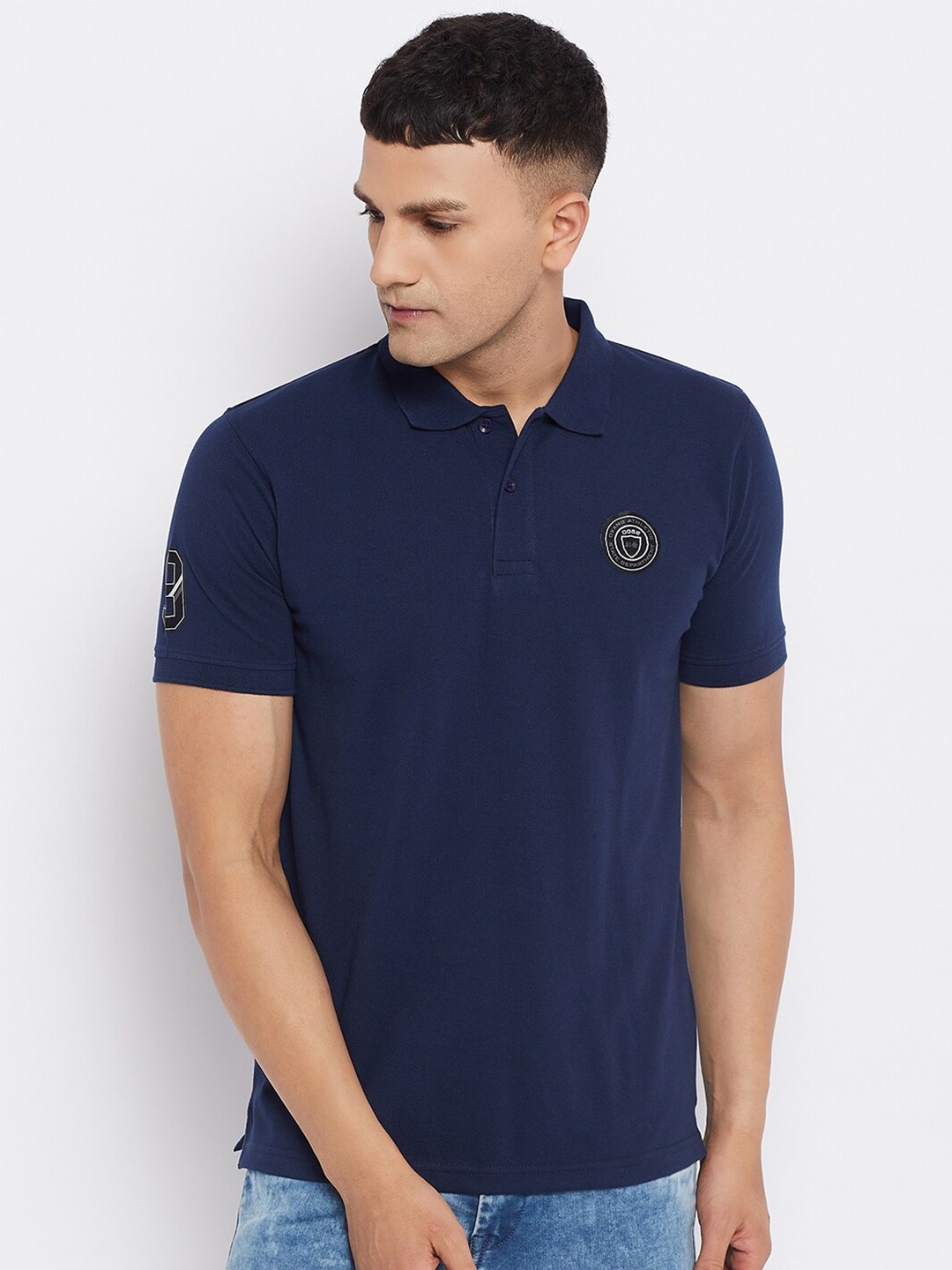 

Okane Men Navy Blue Polo Collar Cotton T-shirt