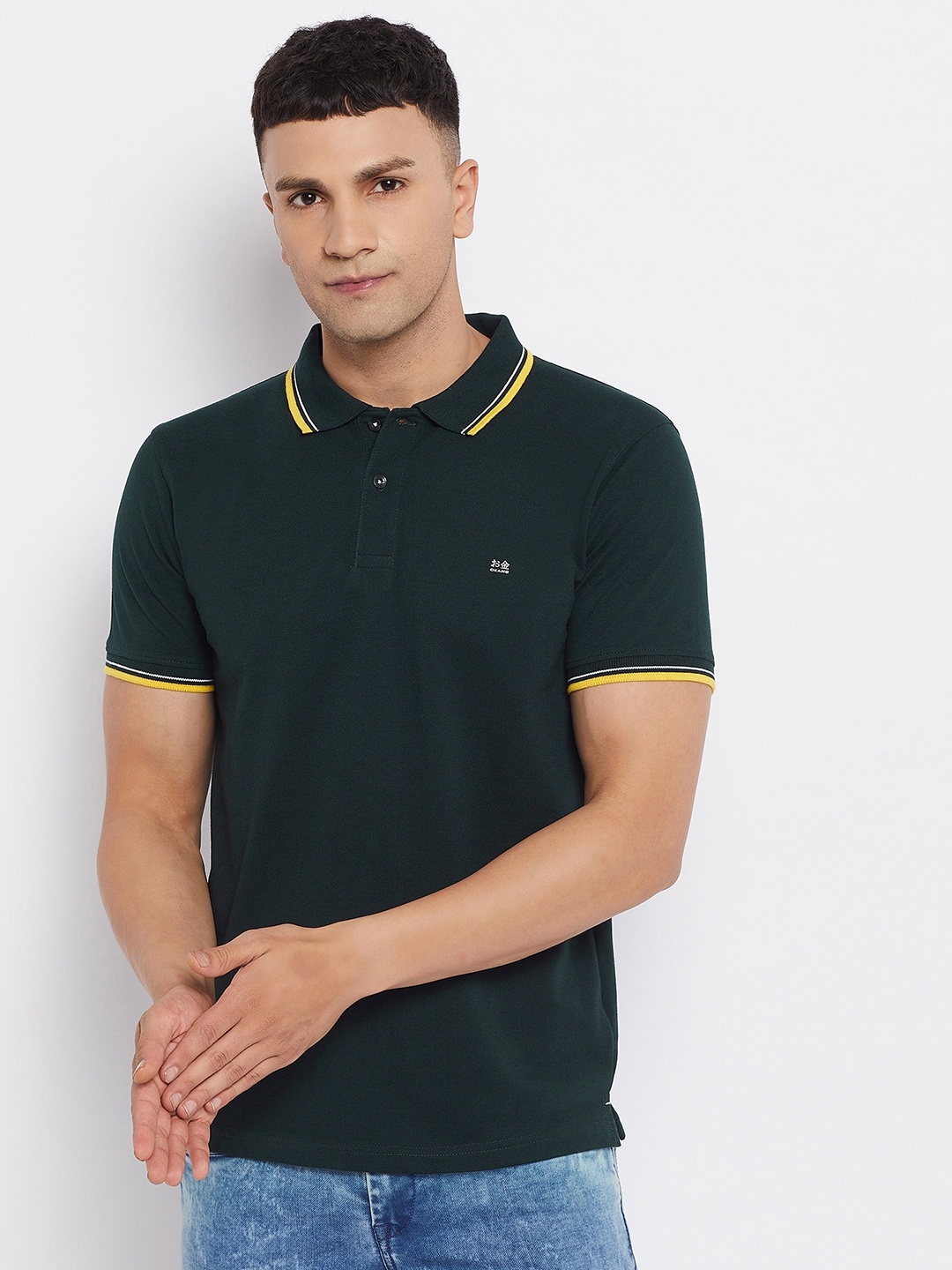 

Okane Men Green Polo Collar Cotton Applique T-shirt