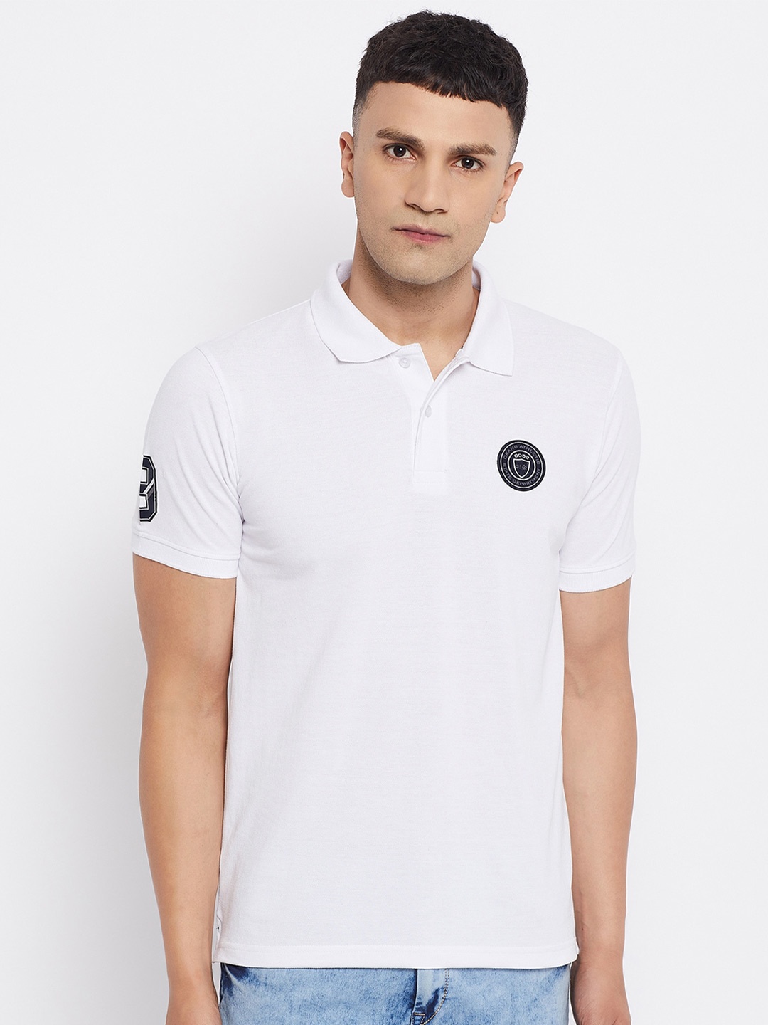 

Okane Men White Polo Collar Cotton T-shirt