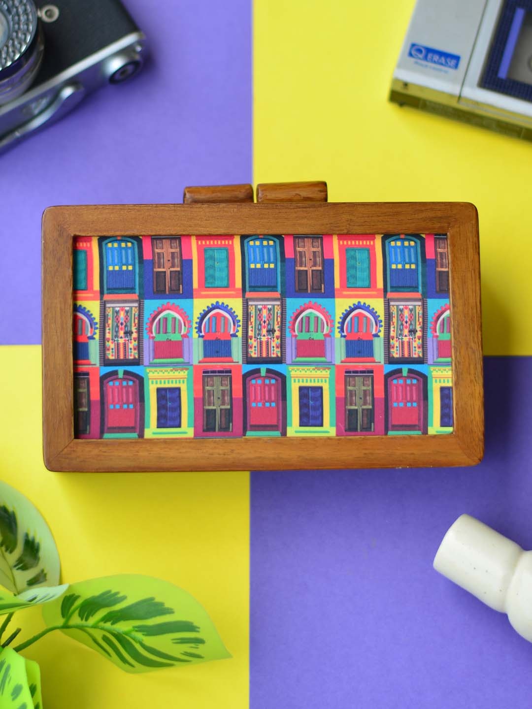 

ARTKLIM Brown & Blue Printed Box Clutch