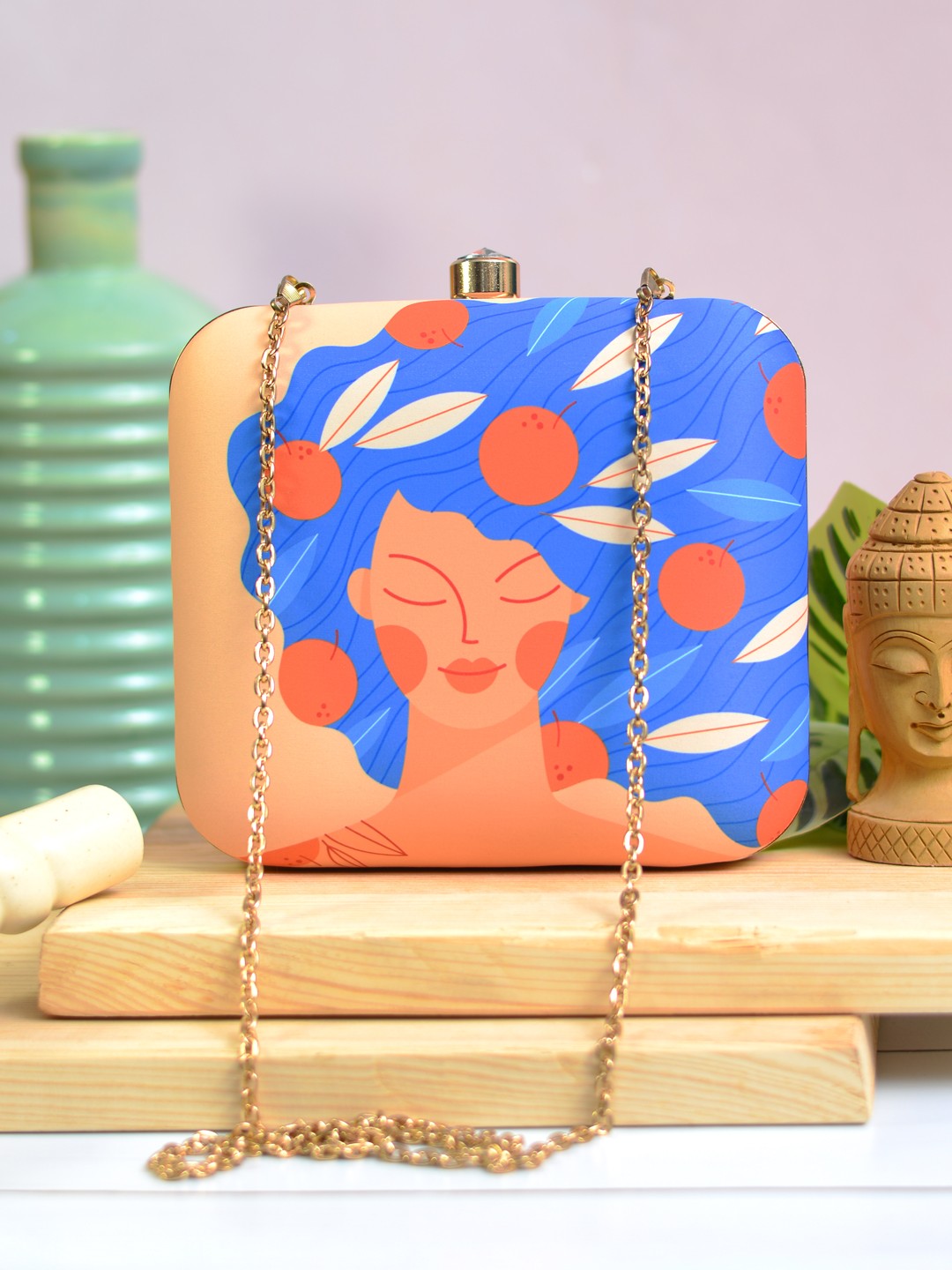 

ARTKLIM Beige & Blue Printed Box Clutch