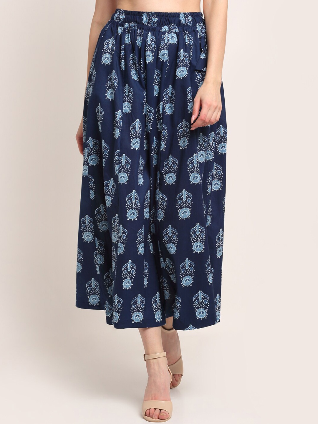 

TAG 7 Women Navy Blue Floral Printed Cotton Flared Palazzos