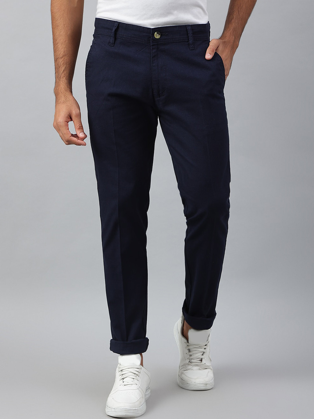 

MR BUTTON Men Navy Blue Slim Fit Chinos Trousers