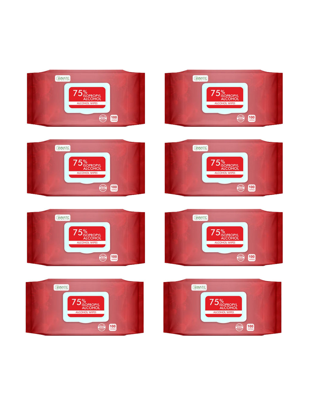 

InnateWhites Set of 8 Hand & Surface Cleaning 75% Isopropyl Alcohol Wipes - 100 Pulls Each, Red