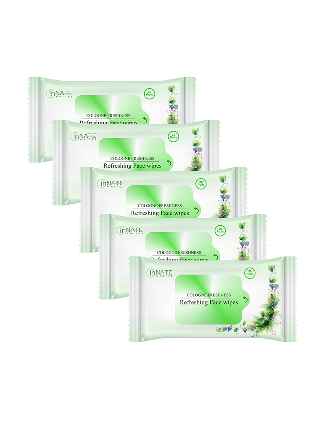 

InnateWhites Set of 5 Gentle Refreshing Face Wipes with Cologne Freshness - 30 Pulls Each, White