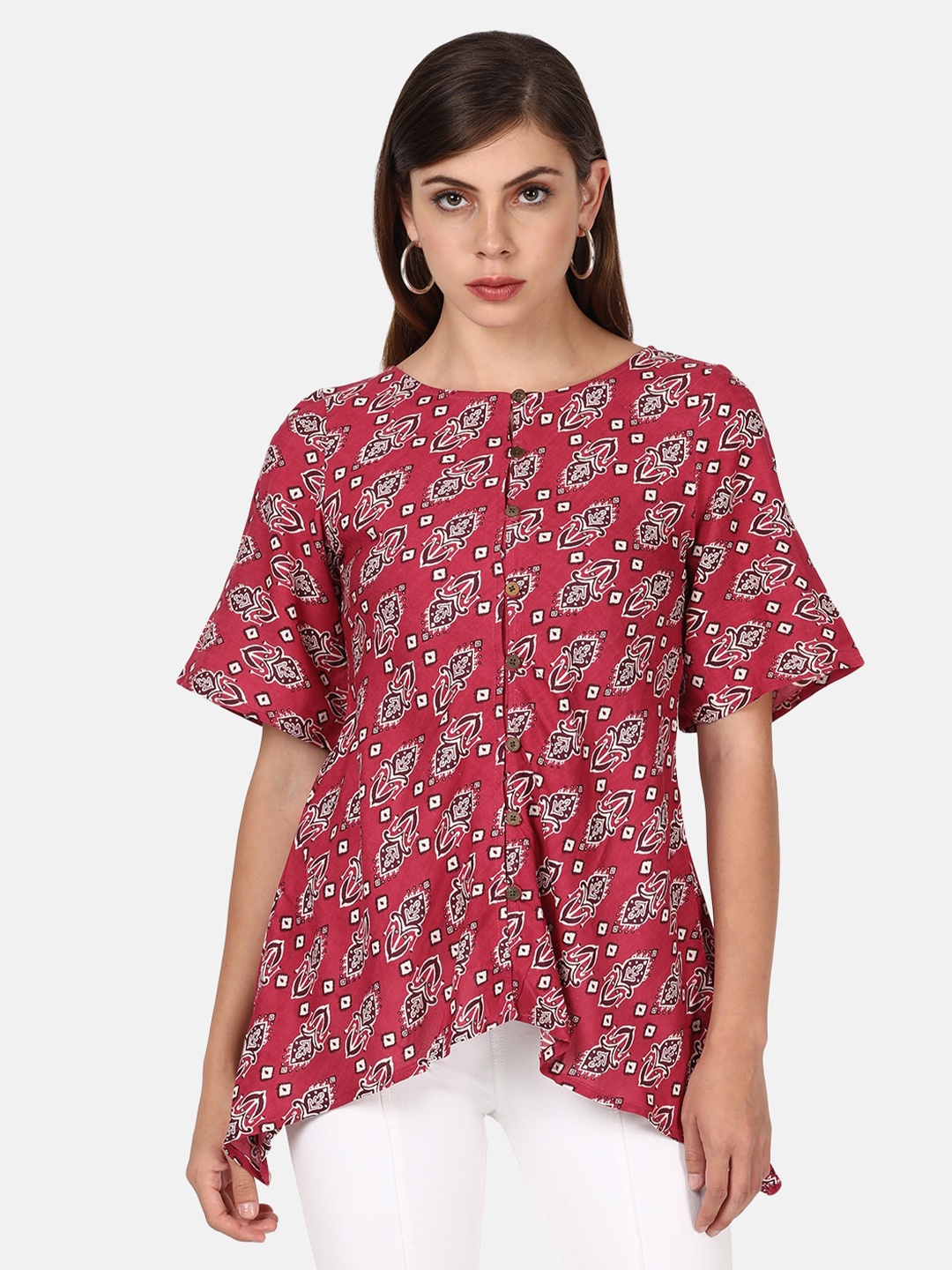 

UNTUNG Women Pink Floral Print High-Low Top
