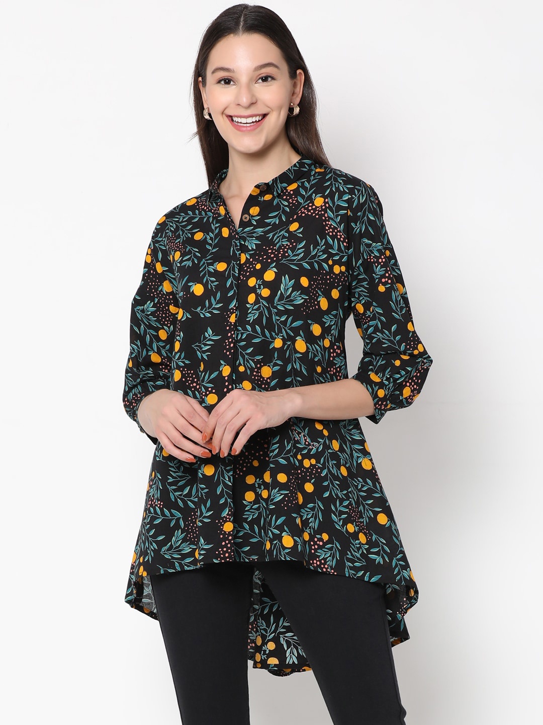 

UNTUNG Black Floral Print High-Low Longline Top