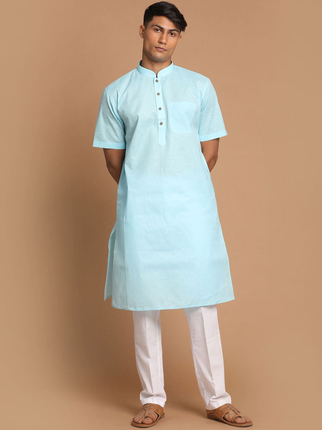 

VASTRAMAY Men Blue Solid Straight Kurta with Pyjamas