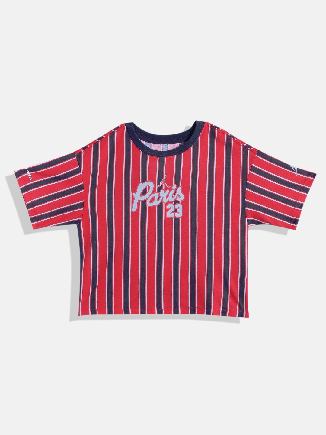 

Jordan Girls Red & Navy Blue Brand Logo Striped T-shirt