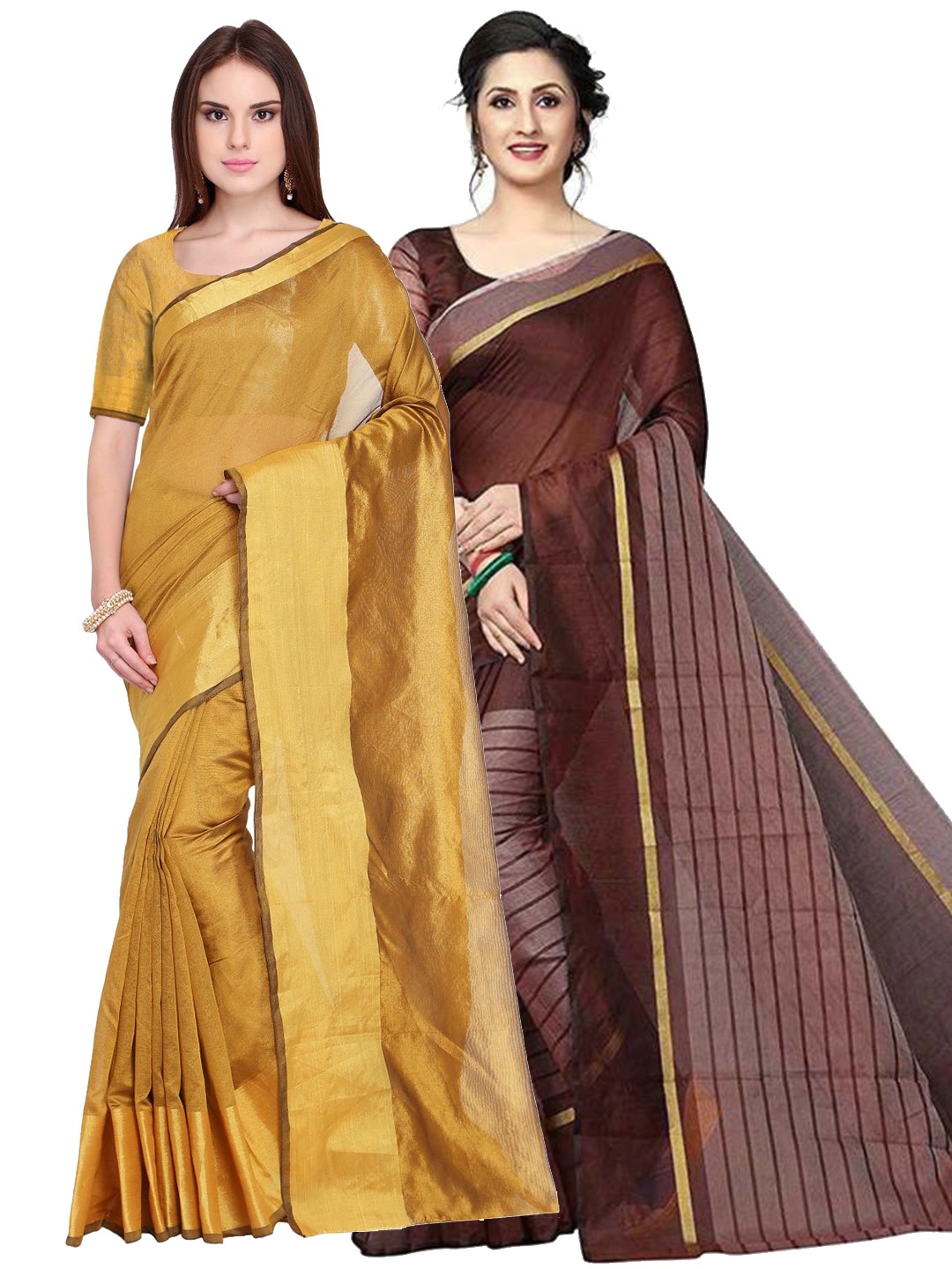 

SAADHVI Gold-Toned & Brown Striped Silk Cotton Saree