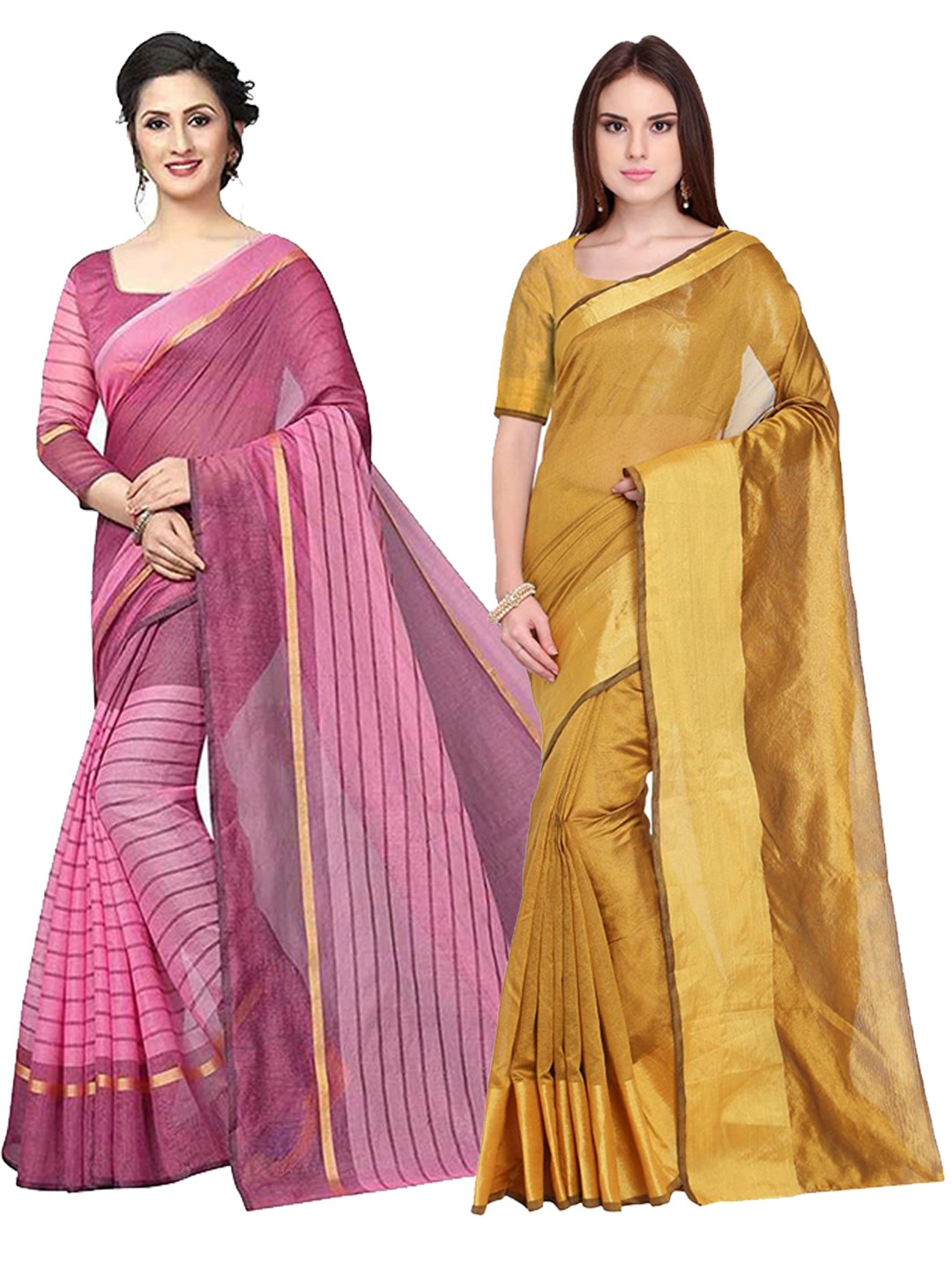 

SAADHVI Pack of 2 Striped Silk Cotton Saree, Gold