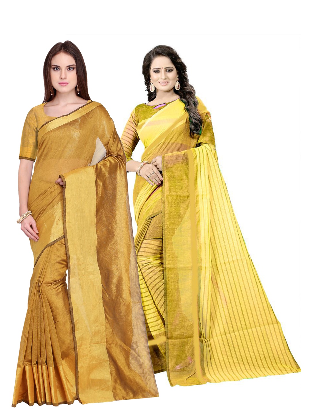 

SAADHVI Set Of 2 Golden & Yellow Zari Silk Cotton Saree, Gold